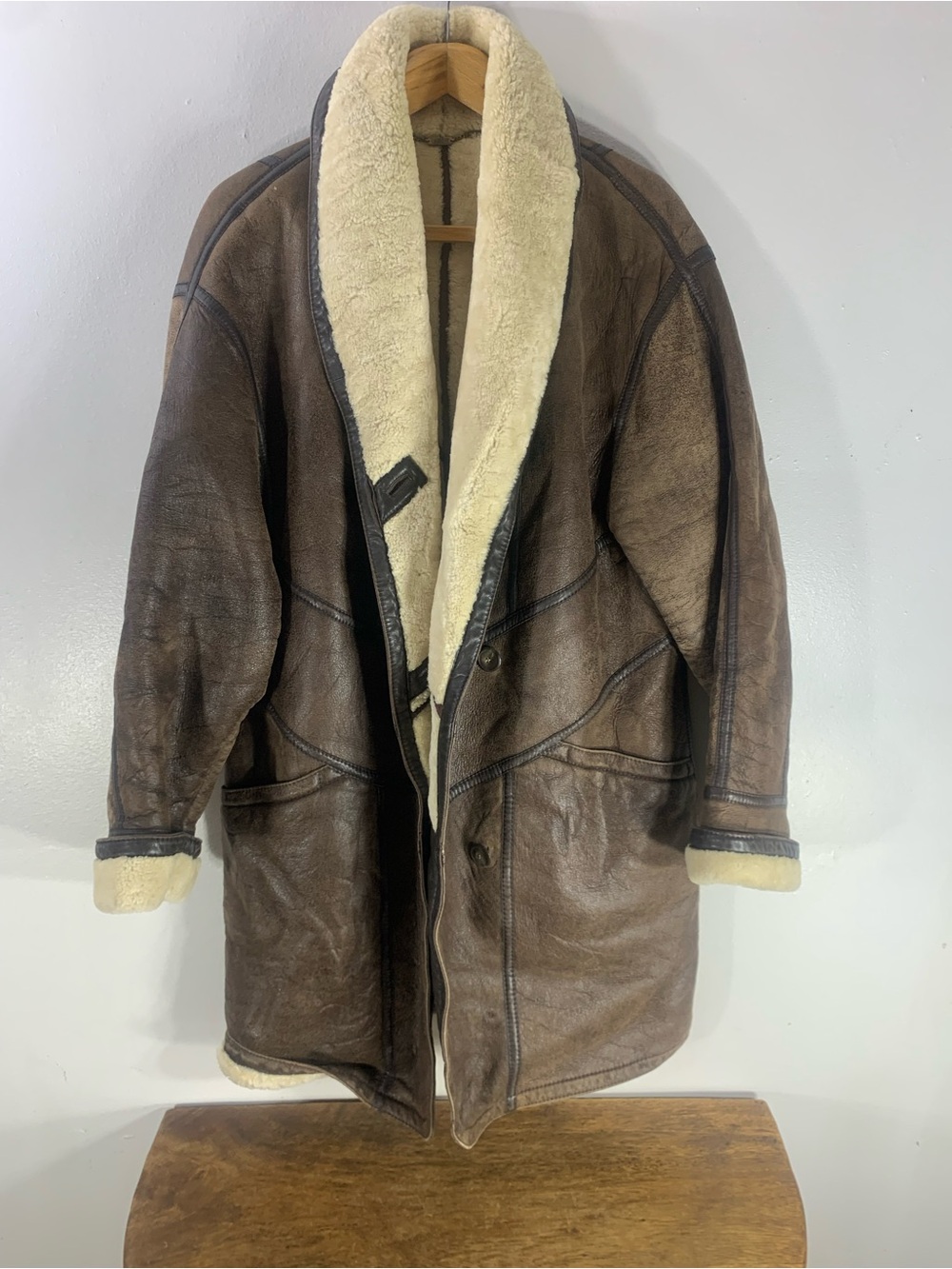 Vintage CHRIST Shearling Leather Coat – Brown Suede & Cream Sheepskin Lin